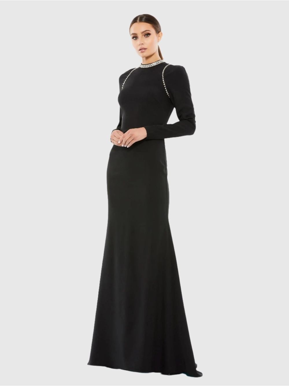 IEENA FOR MAC DUGGAL Black Raglan Long Sleeve High Neck Gown Size 12 Rhinestones